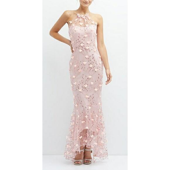 Dessy Collection Dresses & Skirts - NWT Dessy SHEER HALTER NECK 3D FLORAL EMBROIDERED DRESS HIGH-LOW HEM Pink SZ 12